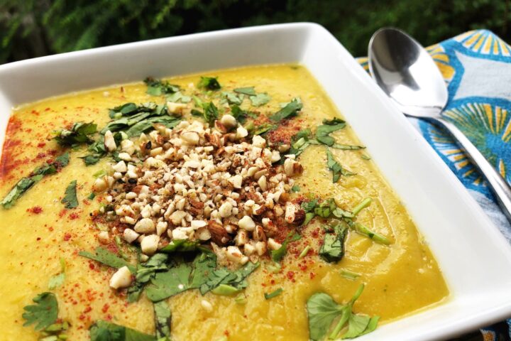 Spiced Lentil, Apple & Butternut Squash Soup with Dukkah Garnish