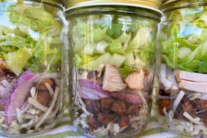 Caesar Salad Jar with Chicken, Kohlrabi, and Garlic Parmesan Almonds
